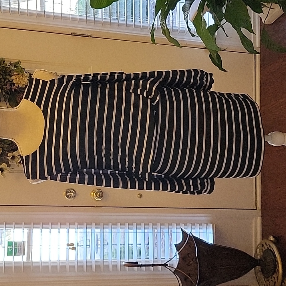 Beige by eci black white striped dress open shoulder long sleeve blouson S EUC…